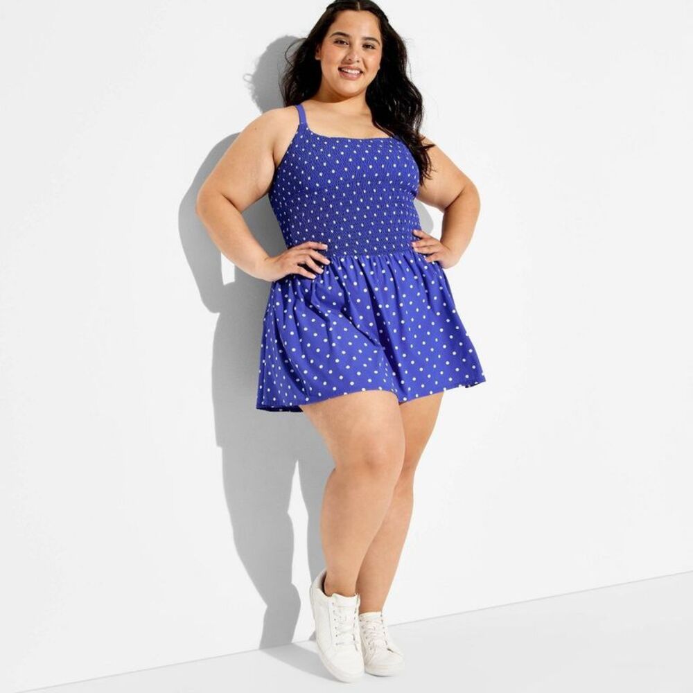 Women's Polka Dot Smocked Dress - JoyLab Blue Polka Dot 4X